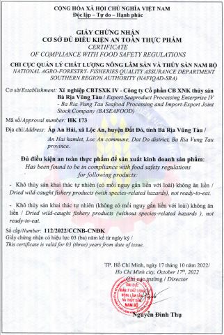 CERTIFICATE OF COMPALIANCE WITH FOOD SAFETY REGULATIONS HK173