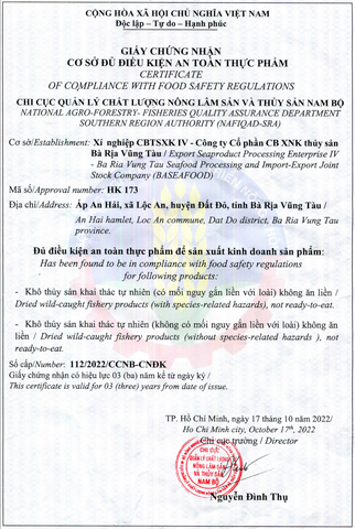 Chứng nhận cơ sở đủ điều kiện an toàn thực phẩm HK 173