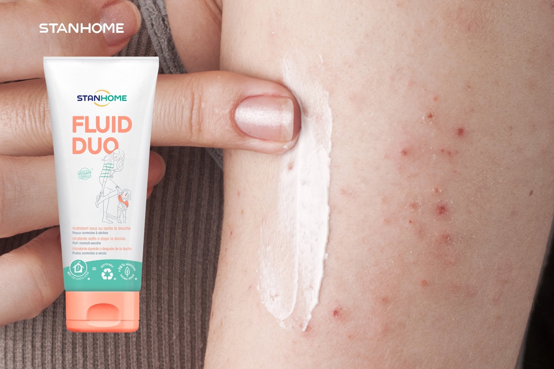 Stanhome Fluid Duo là kem dưỡng dung tích lớn thích hợp cấp ẩm hàng ngày cho viêm da cơ địa, mang lại khả năng dưỡng ẩm tức thì và duy trì độ ẩm lên tới 24 giờ.