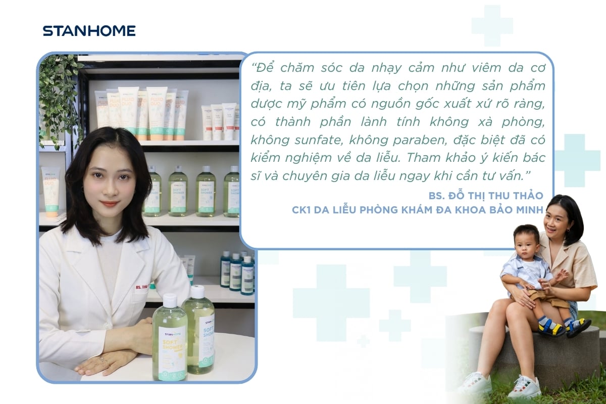 Khi tắm cho trẻ, ưu tiên sử dụng sữa tắm viêm da cơ địa cho bé có thành phần lành tính, không chứa paraben hay xà phòng, sulfate.