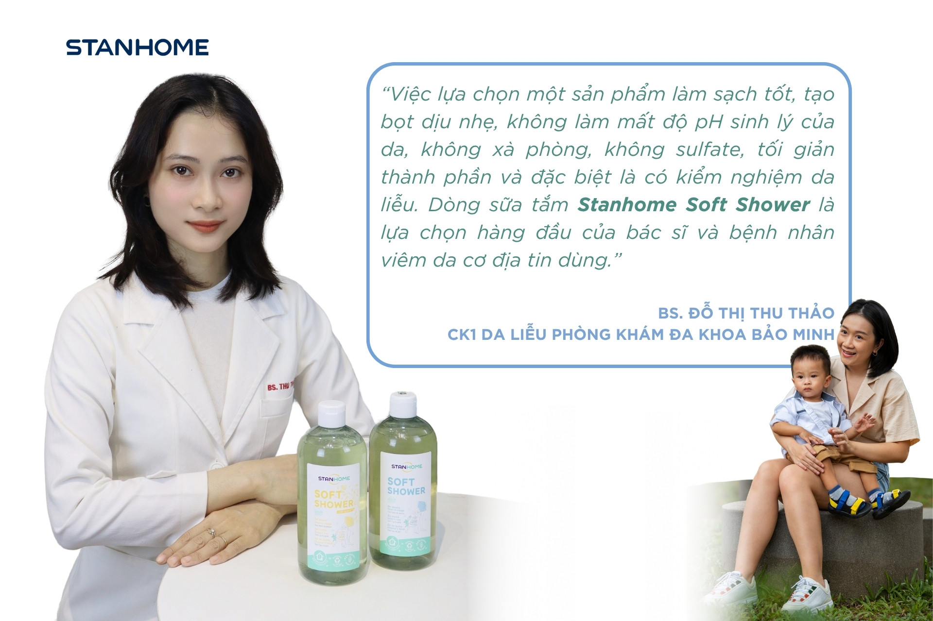 Làm sạch da hàng ngày bằng sữa tắm không xà phòng Soft Shower để loại bỏ bụi bẩn và bảo vệ pH da cho trẻ