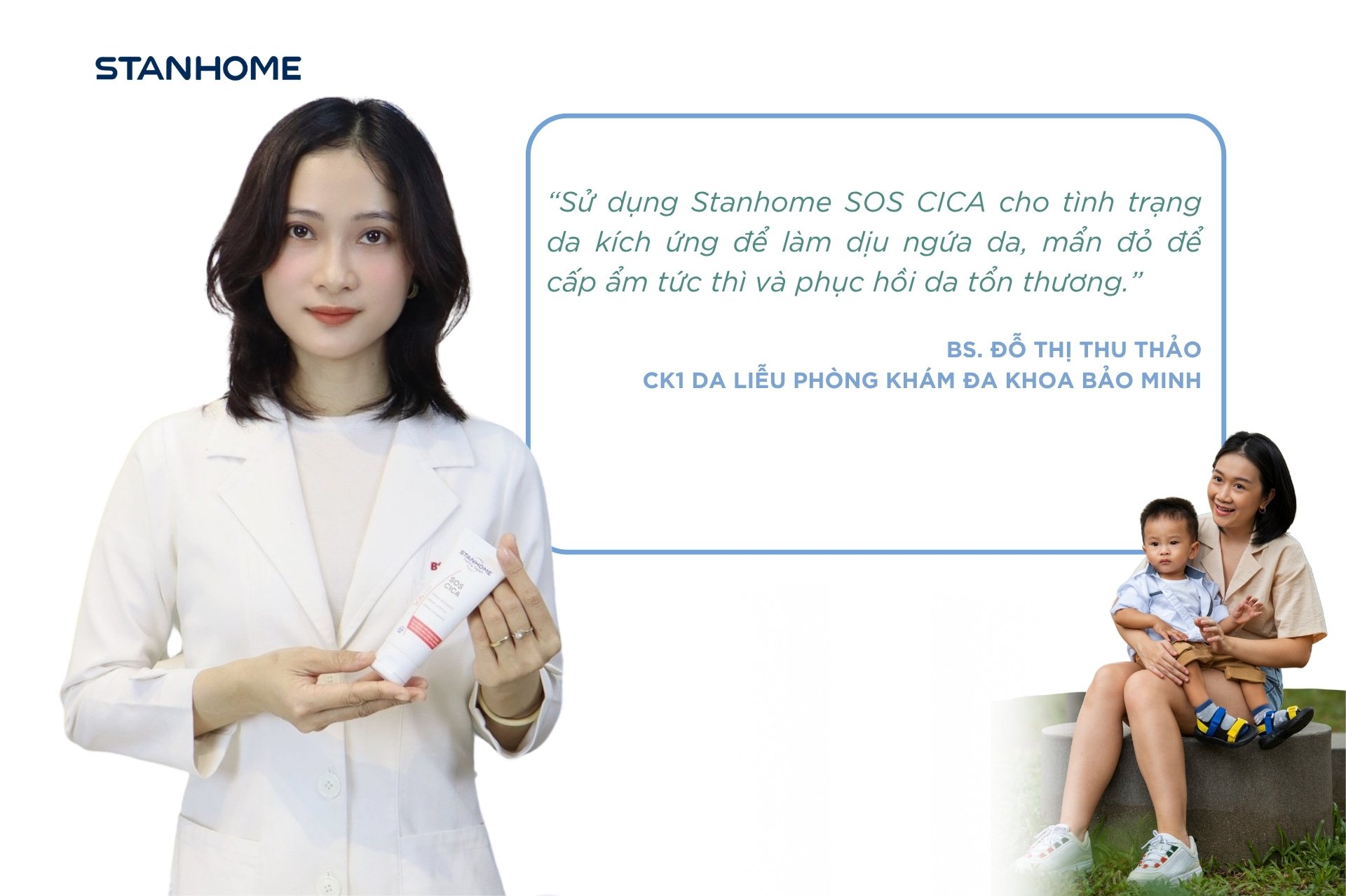 Sử dụng Stanhome SOS CICA cho tình trạng da kích ứng để làm dịu ngứa da, mẩn đỏ để cấp ẩm tức thì và phục hồi da tổn thương