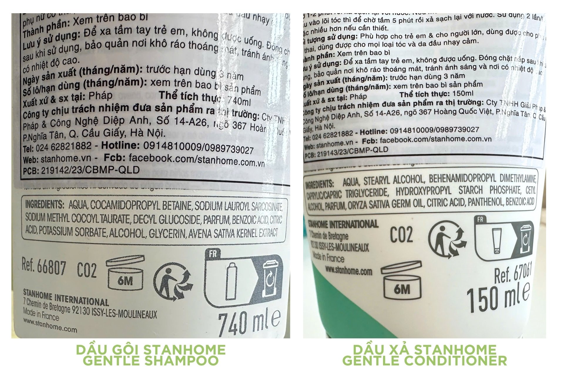 Bảng thành phần không silicone của dầu gội Stanhome Gentle Shampoo và dầu xả Gentle Conditioner