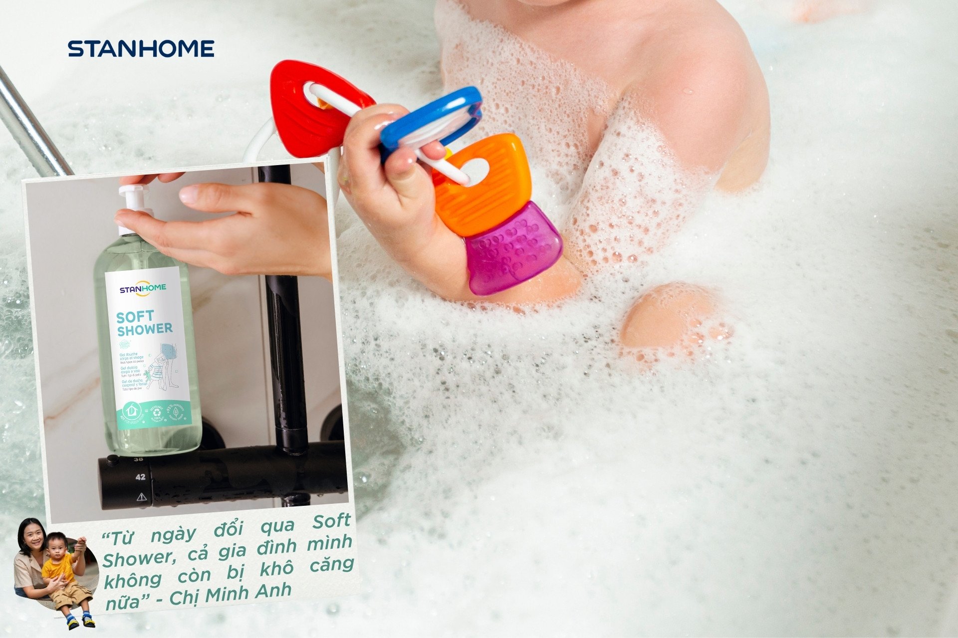 Làm sạch da hàng ngày bằng sữa tắm không xà phòng Soft Shower để loại bỏ bụi bẩn và bảo vệ pH da cho trẻ