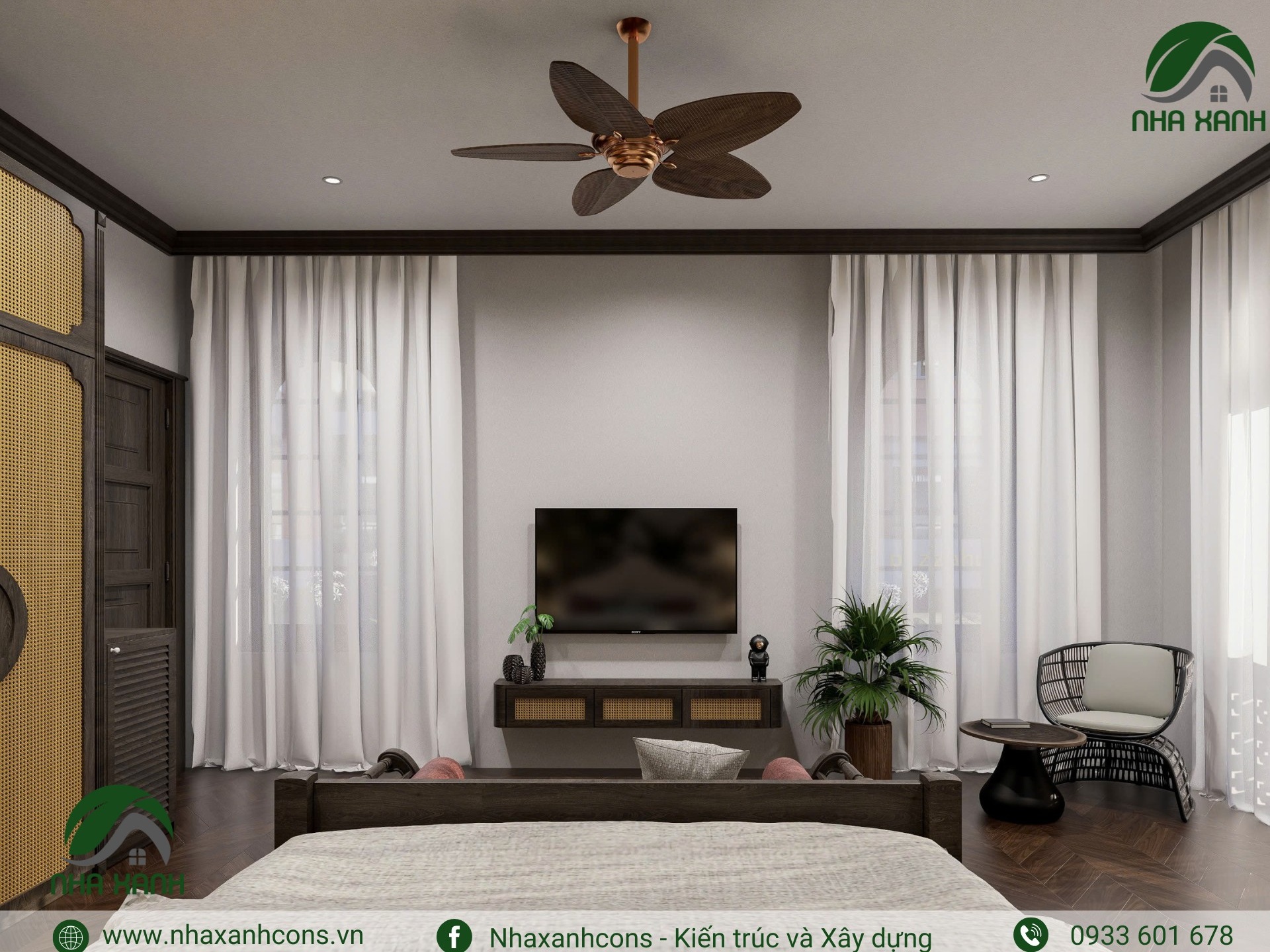 Nội thất phòng ngủ biệt thự phong cách indochine nhà 3 tầng