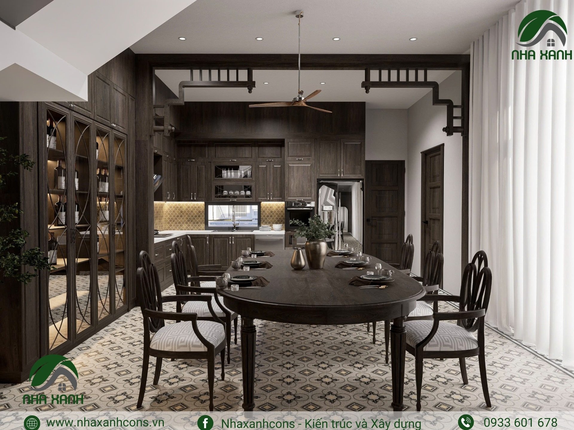 Nội thất phòng bếp ăn biệt thự phong cách indochine nhà 3 tầng