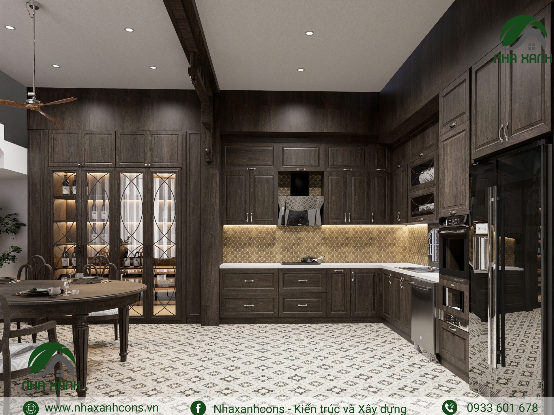 Nội thất phòng bếp ăn biệt thự phong cách indochine nhà 3 tầng