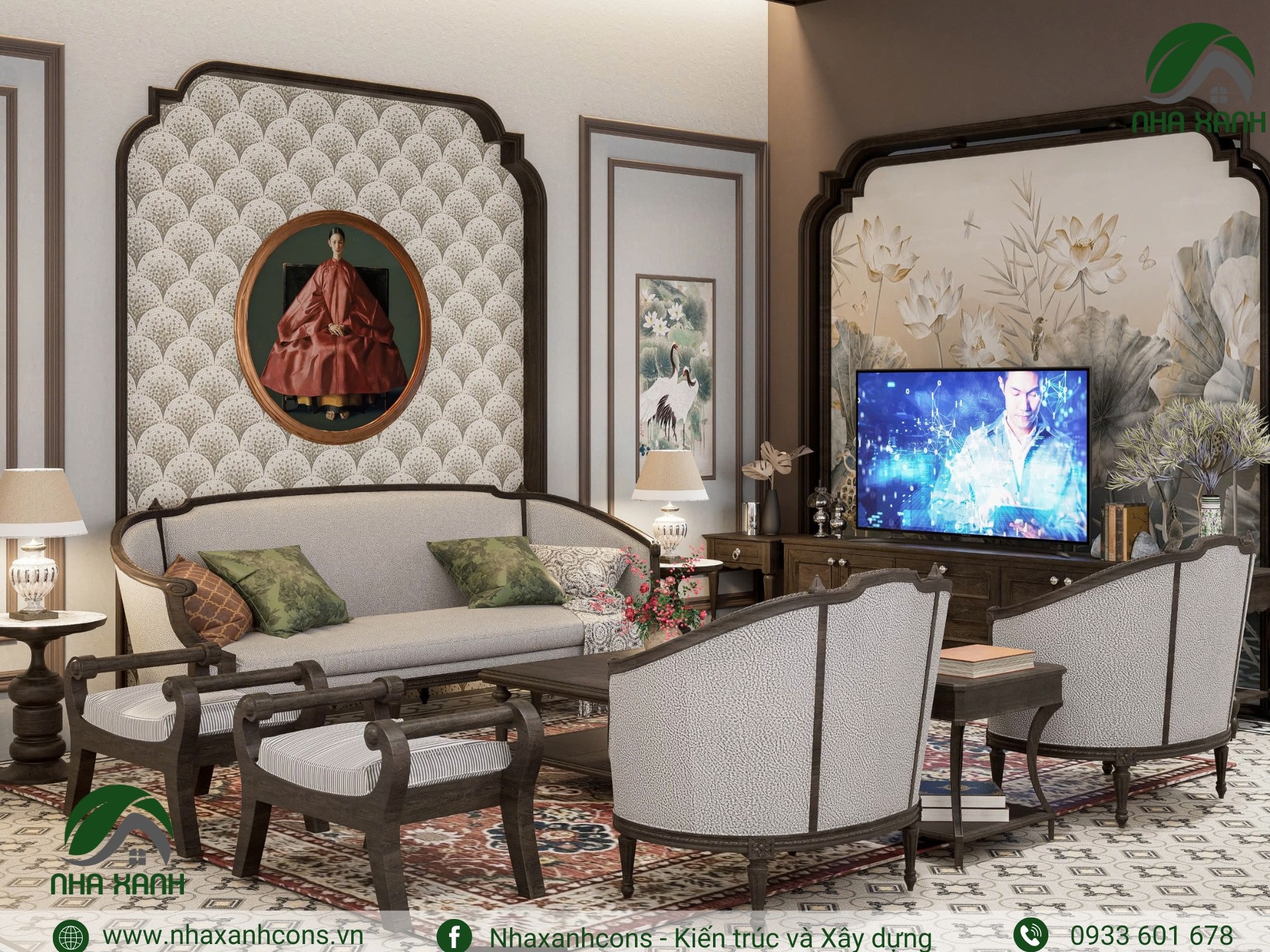 Nội thất phòng khách biệt thự phong cách indochine nhà 3 tầng