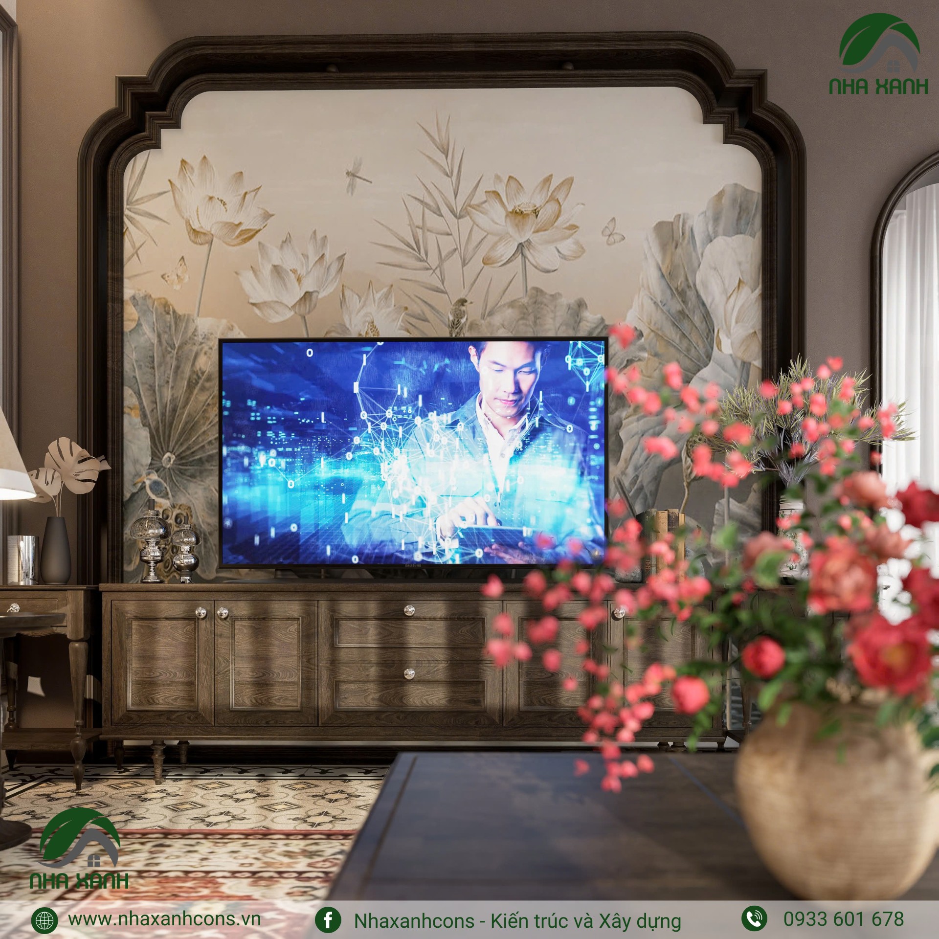 Nội thất phòng khách biệt thự phong cách indochine nhà 3 tầng