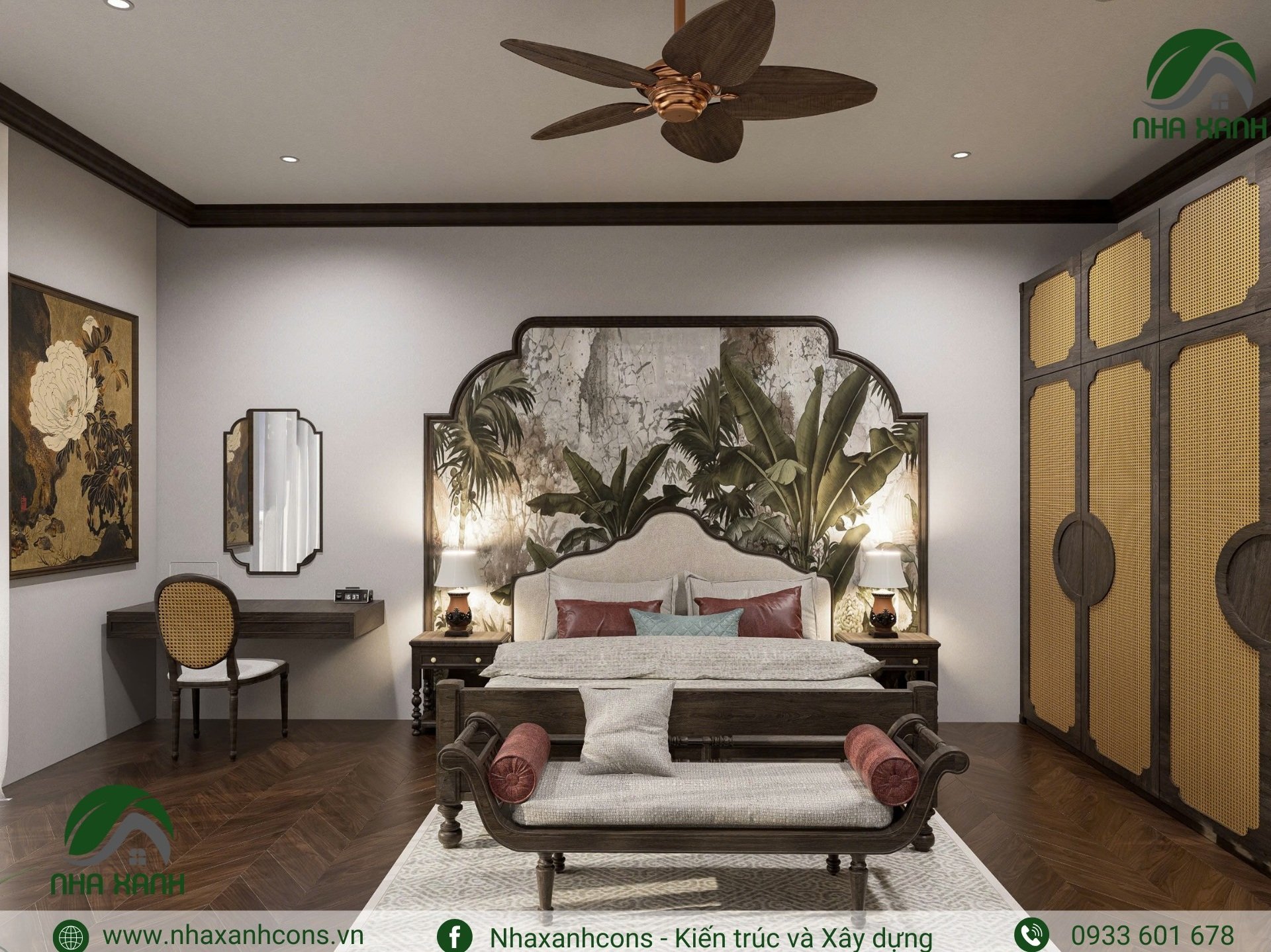 Nội thất phòng ngủ biệt thự phong cách indochine nhà 3 tầng