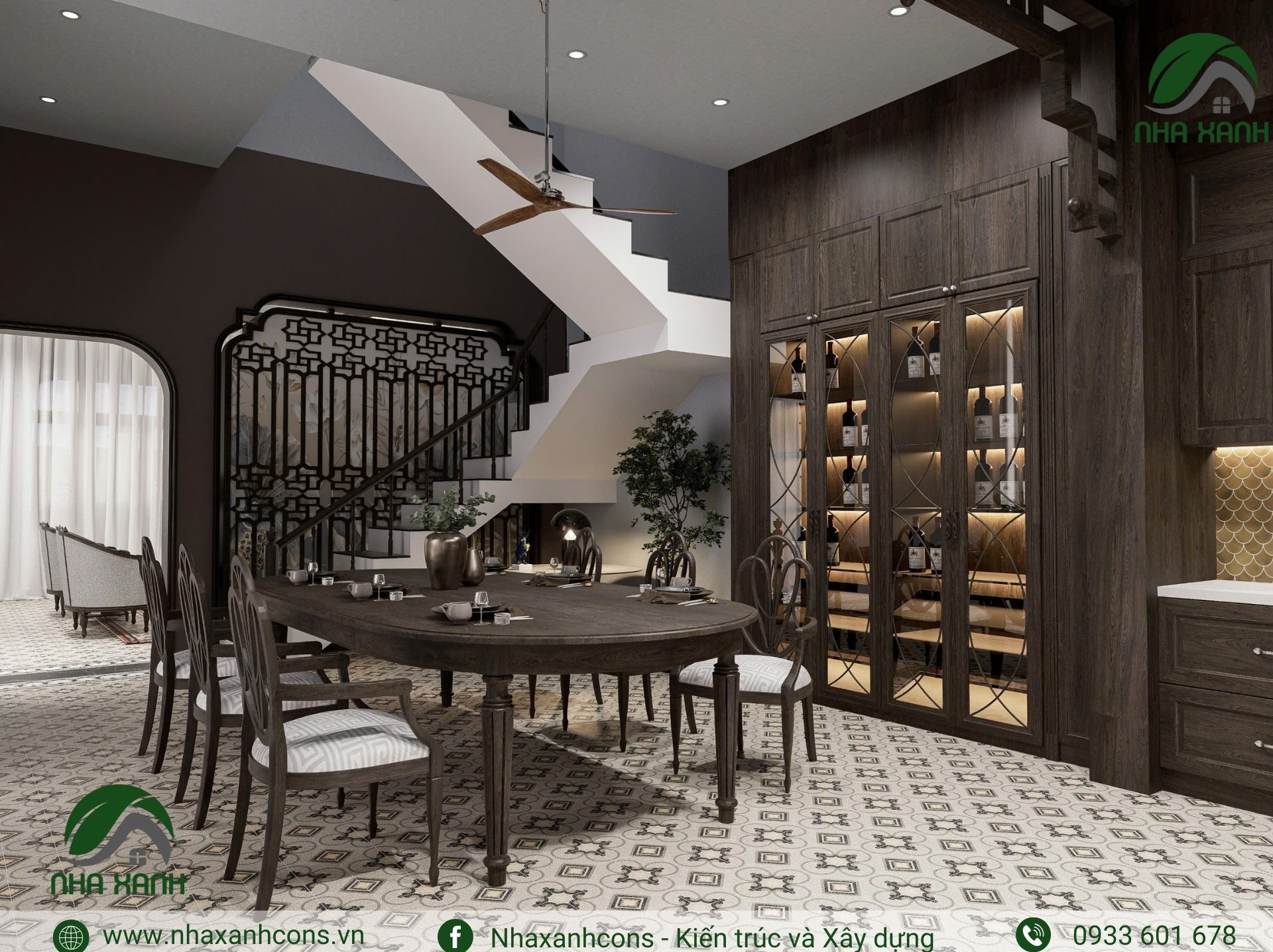 Nội thất khui cầu thang biệt thự phong cách indochine nhà 3 tầng