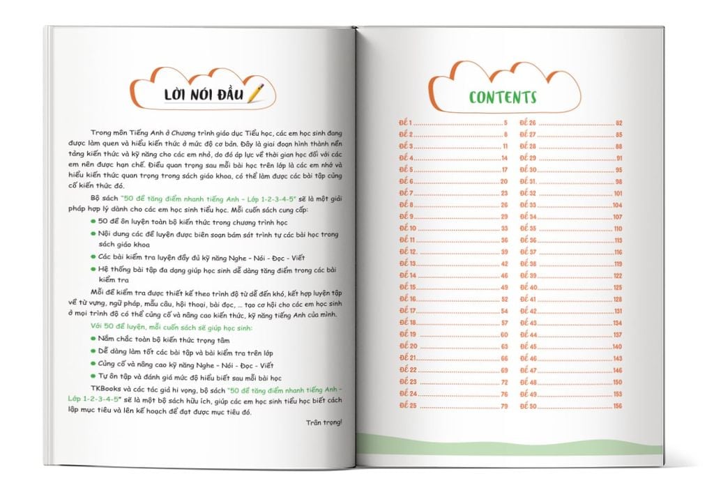 Mục lục của cuốn sách 50 đề tăng điểm nhanh Tiếng Anh lớp 5