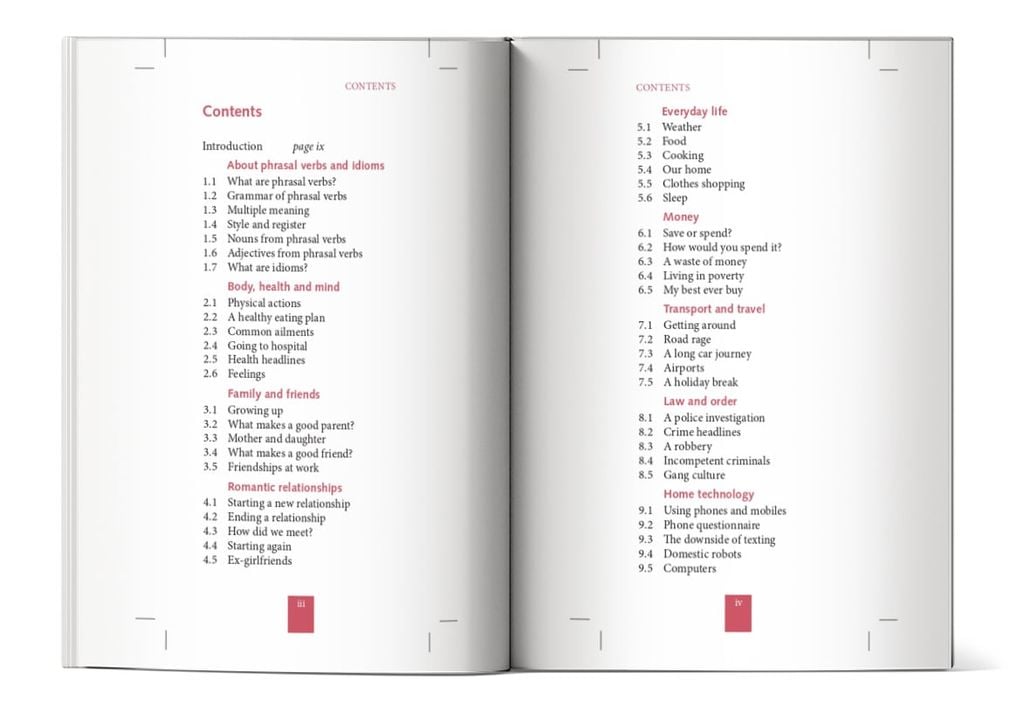 Mục lục của cuốn sách Oxford Learner's Pocket Phrasal verbs and idioms