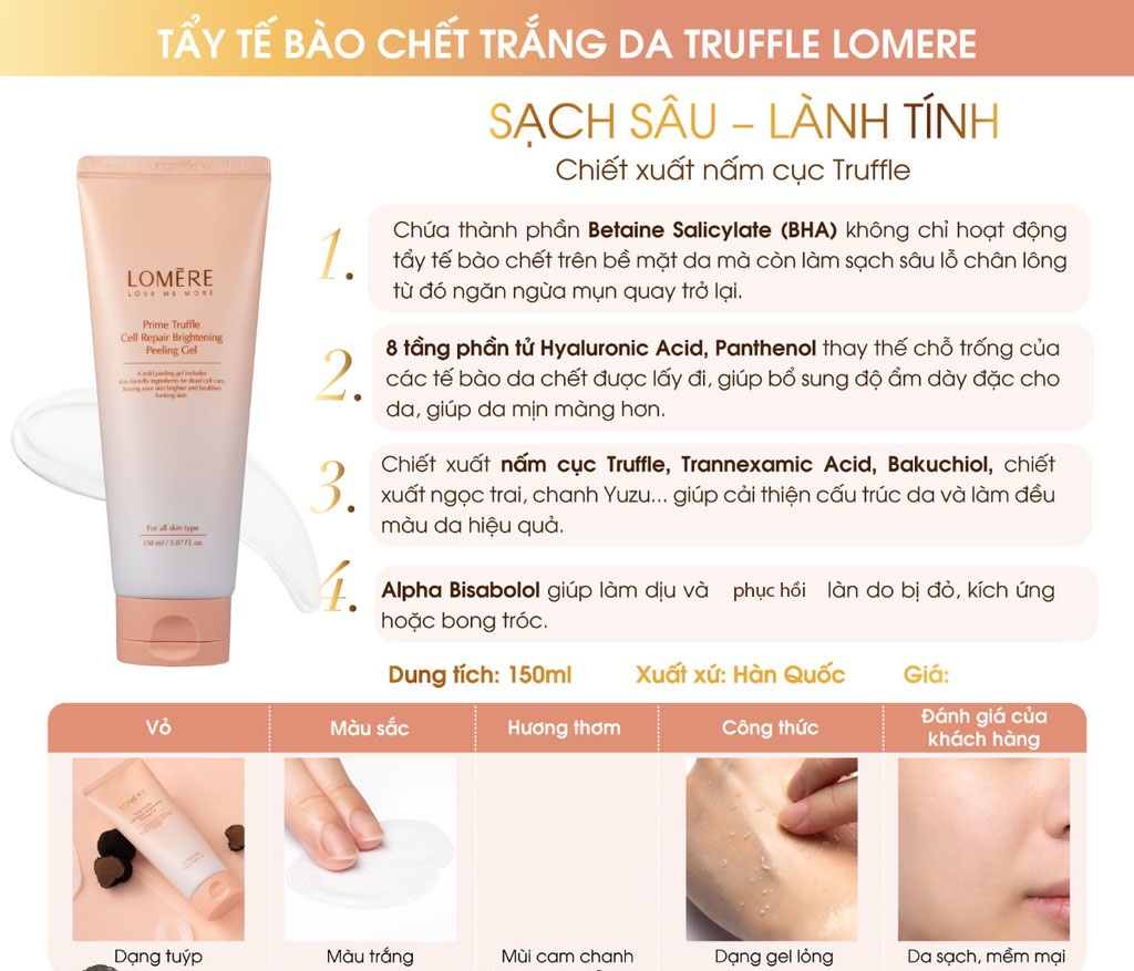 Thành phần hoạt chất của Tẩy Tế Bào Chết Sáng Da Chiết Xuất Nấm Cục Lomere