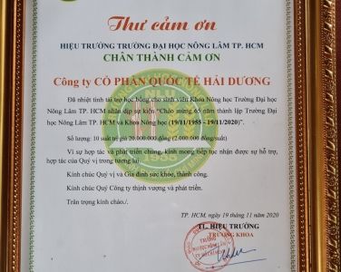 Thư cám ơn từ Trường Đại học Nông lâm Thành phố HCM