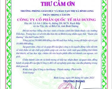 Thư cám ơn từ Phòng giáo dục thị xã Bình Long tỉnh Bình Phước