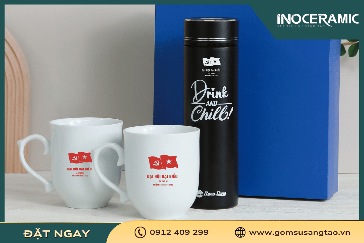 Bình giữ nhiệt in logo đại hội làm quà tặng đại hội Đảng bộ nhiệm kỳ 2025 - 2030
