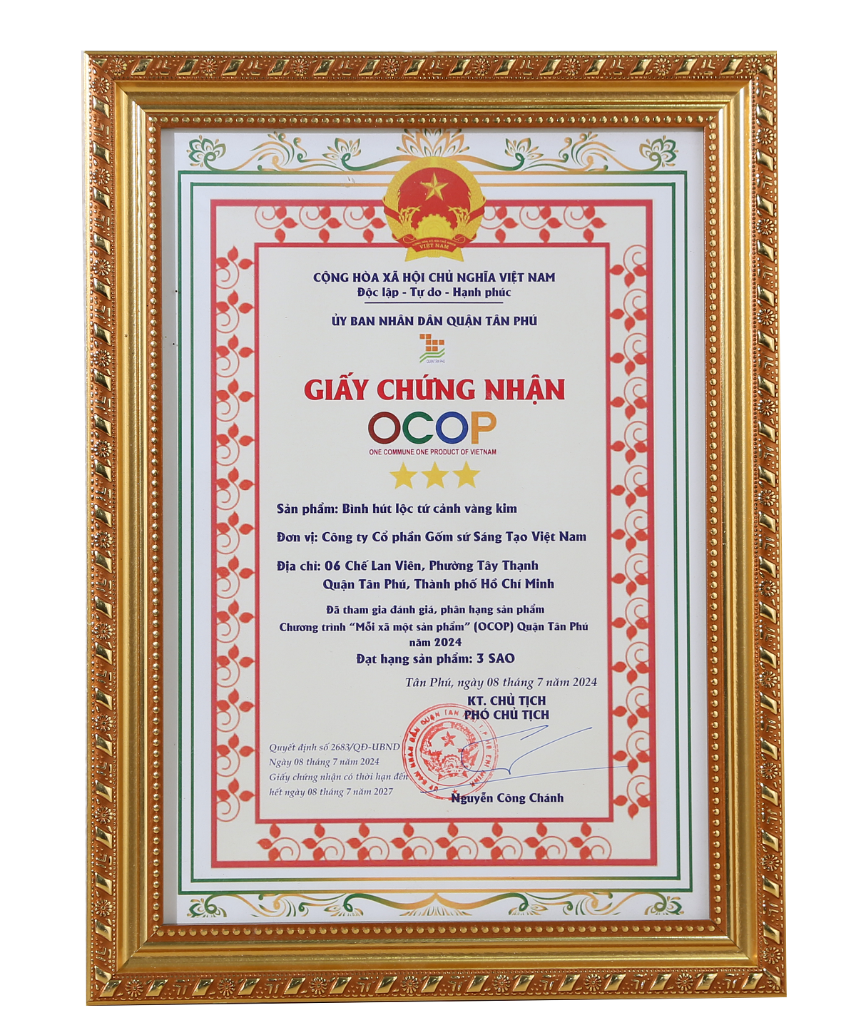 Chứng nhận OCOP cho sản phẩm Bình hút lộc tứ cảnh vàng kim