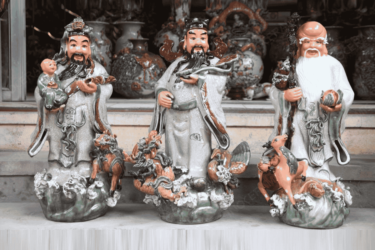 Bộ tượng gốm sứ Phúc Lộc Thọ đặt phòng khách