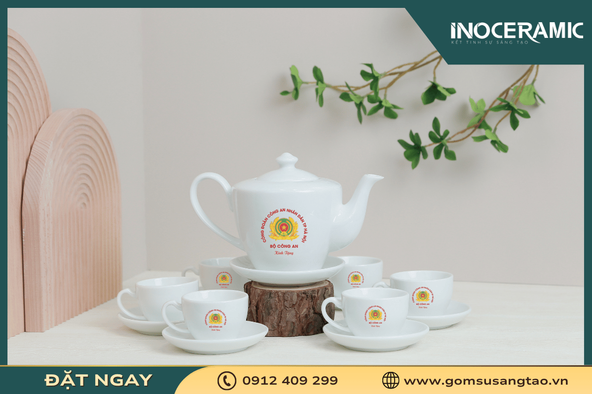 Bộ ấm chén sứ cao cấp in logo dành tặng cho các cơ quan nhà nước