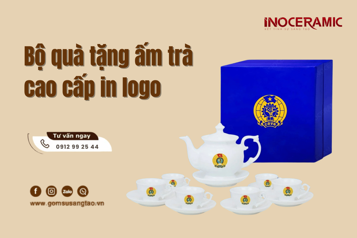 Bộ quà tặng cao cấp ấm trà in logo cho Công đoàn doanh nghiệp