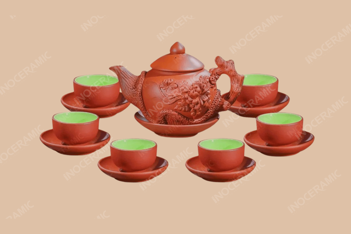 Bộ ấm trà tử sa Châu Hoa đỏ đắp nổi phù dung