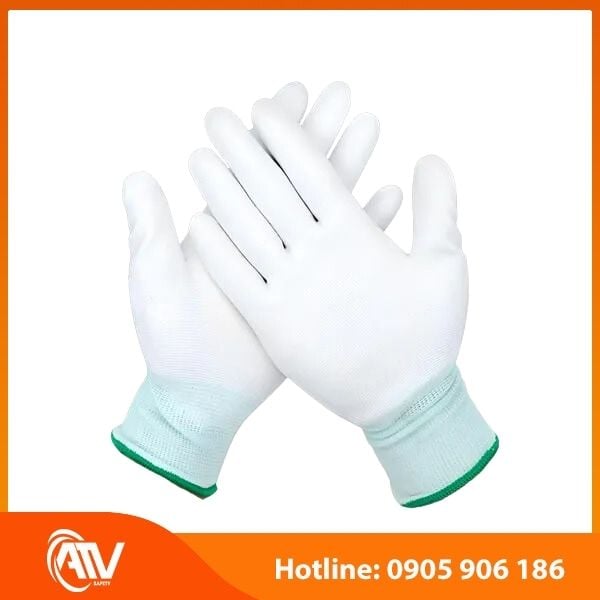 Găng tay Polyester màu trắng (POW) phủ PU bàn tay