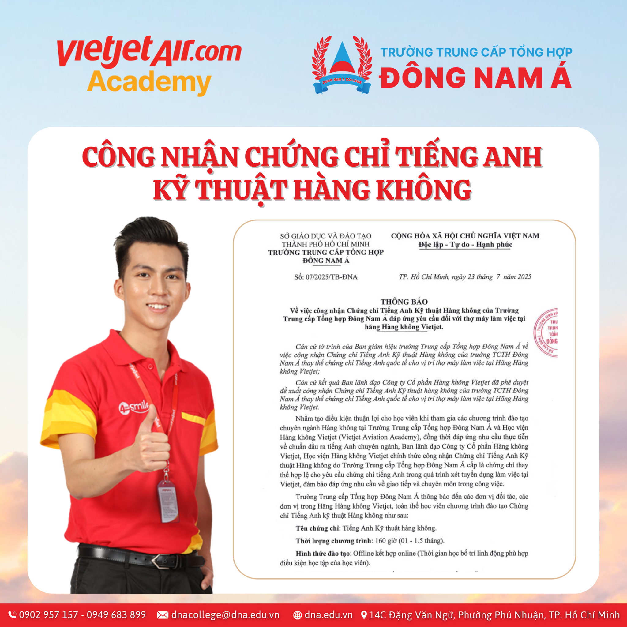Công nhận Chứng chỉ Tiếng Anh Kỹ thuật Hàng không của Trường TCTH Đông Nam Á