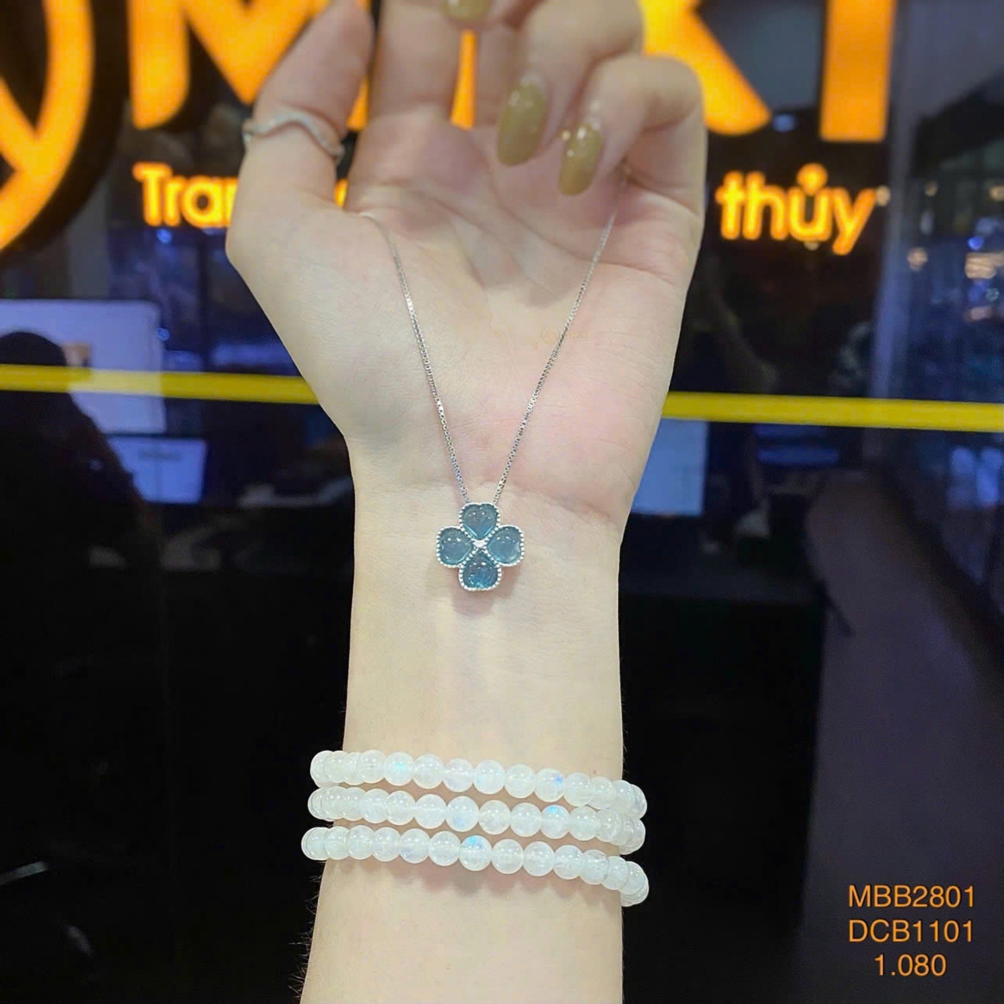 MẶT DÂY CỎ 4 LÁ AQUAMARINE BỌC BẠC – BIỂU TƯỢNG MAY MẮN, THANH KHIẾT & BÌNH AN