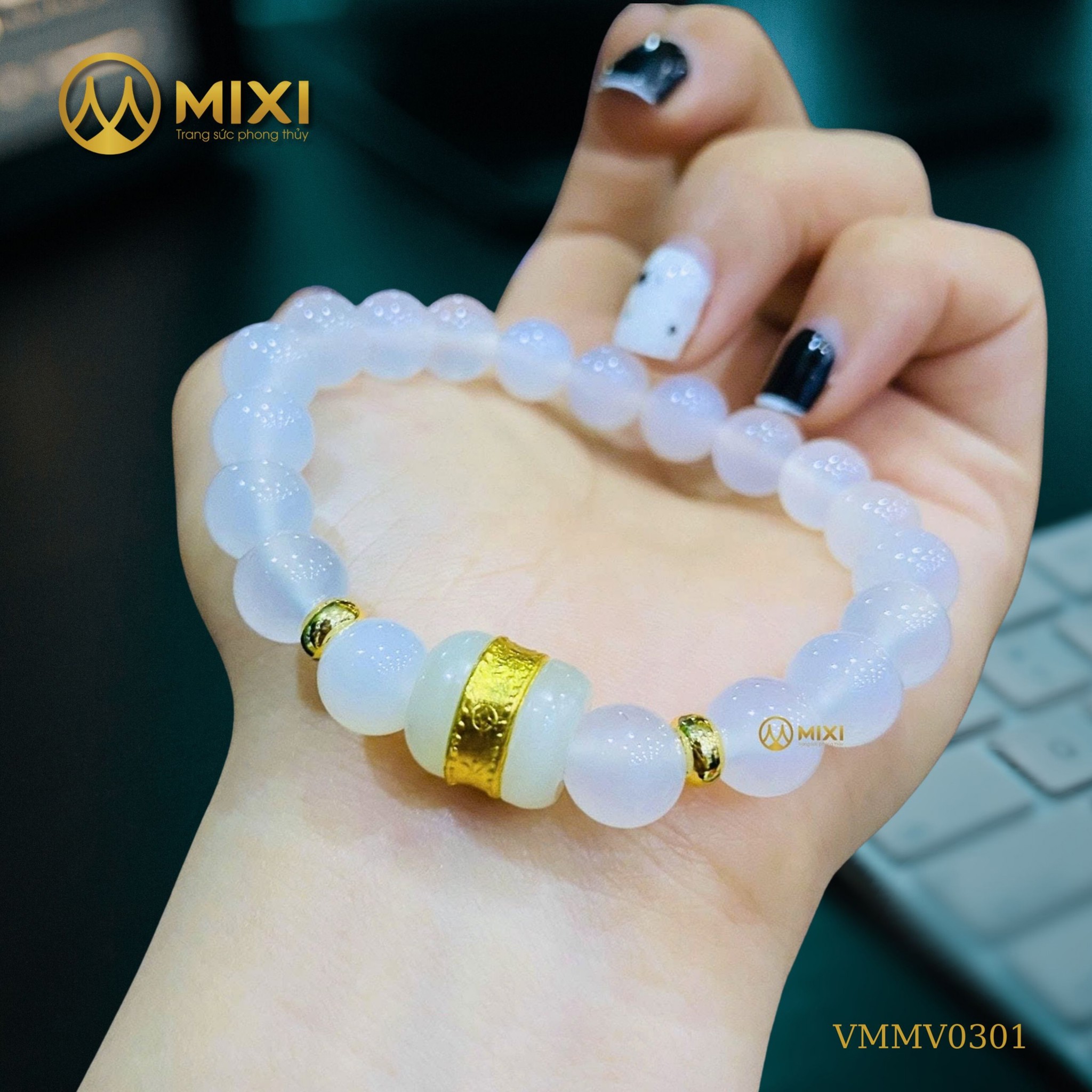 VÒNG TAY MÃ NÃO TRẮNG MIX LU THỐNG BẠCH NGỌC MẠ VÀNG – TỊNH TÂM HỘ MỆNH, LAN TỎA CÁT KHÍ