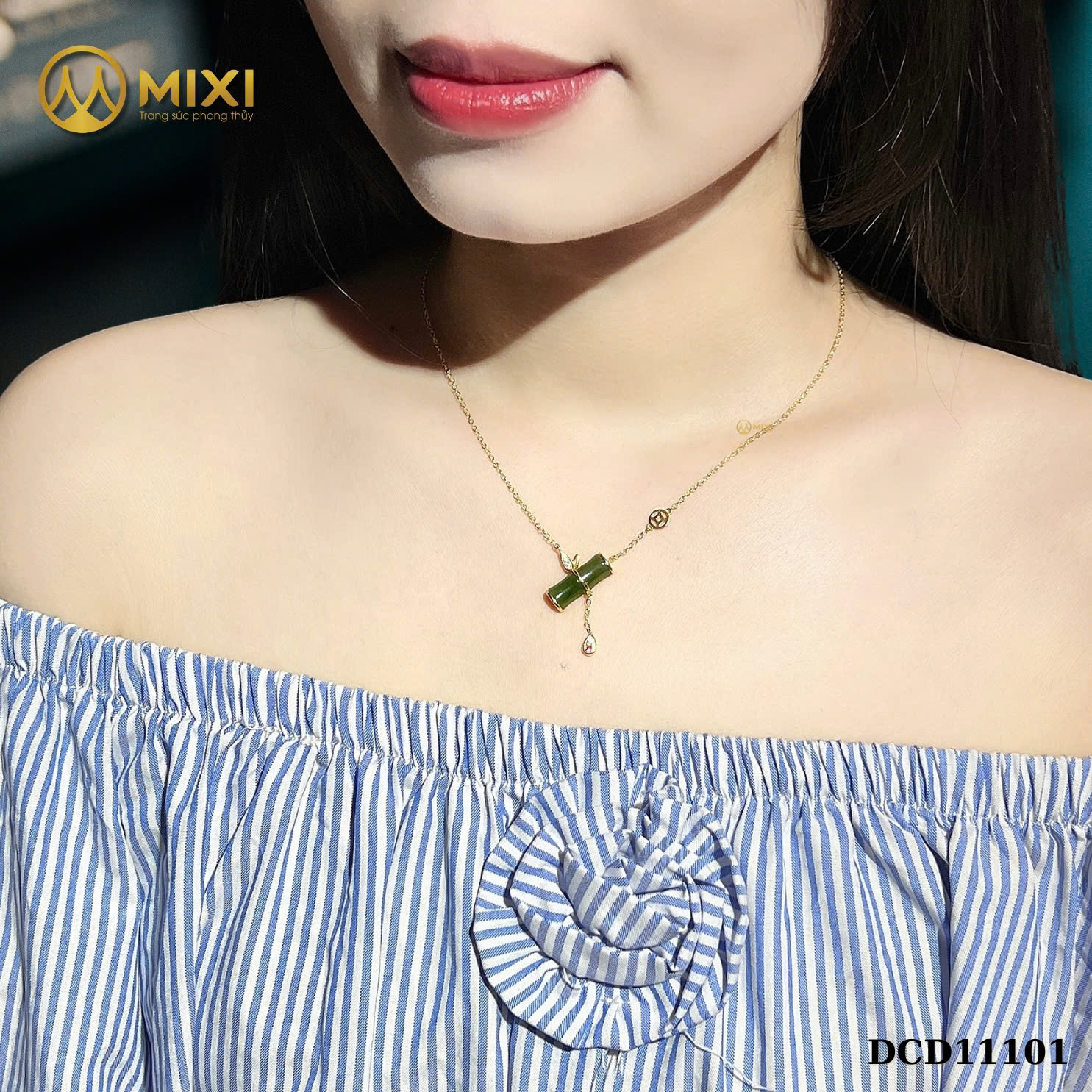 Dây Chuyền Bạc Nữ Mặt Ngọc Bích Nephrite Hình Đốt Trúc – Thanh Lịch, May Mắn, Thu Hút Vượng Khí