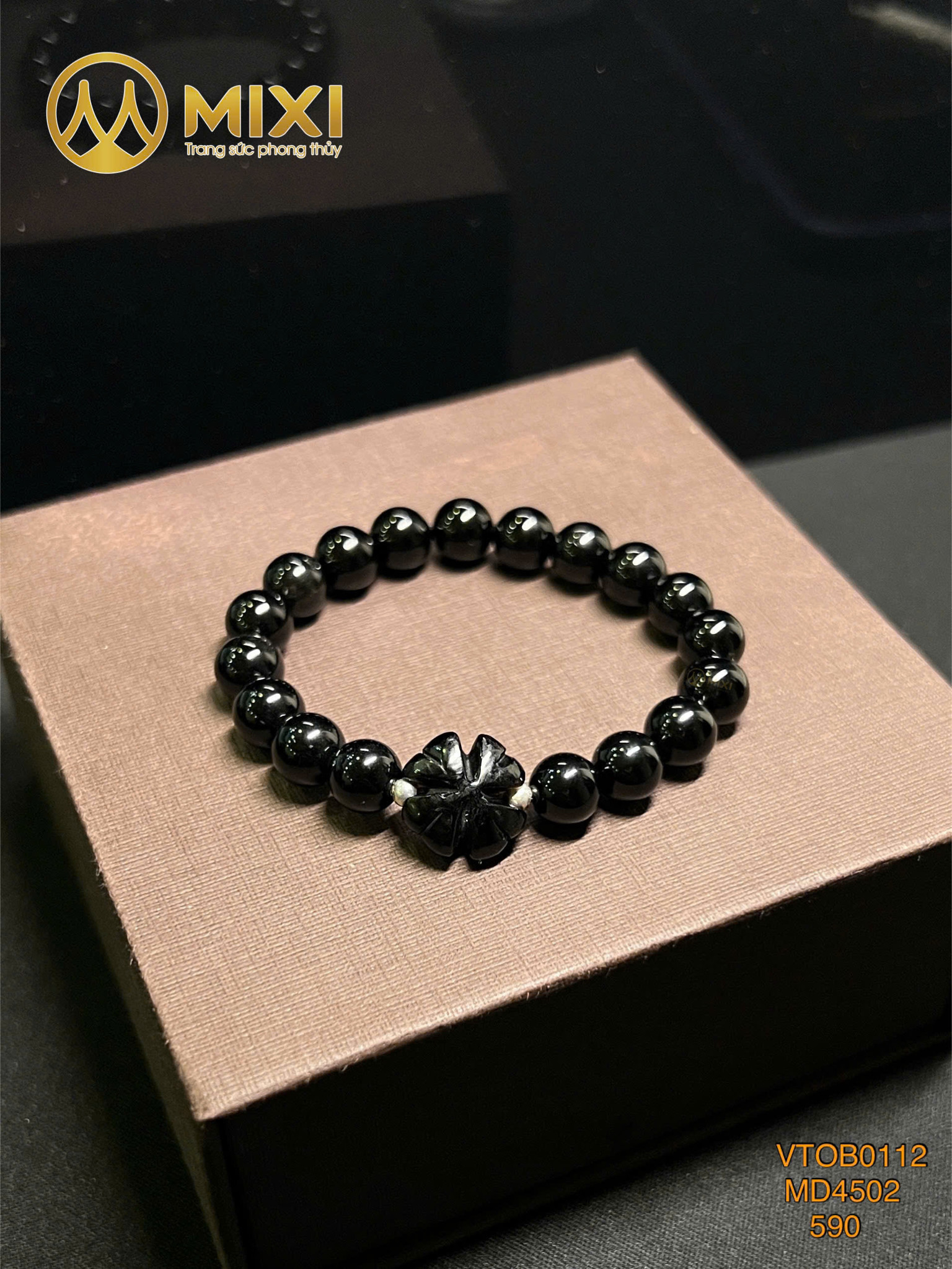 VÒNG TAY ĐÁ NÚI LỬA OBSIDIAN MIX CỎ 4 LÁ THẠCH ANH ĐEN – HỘ THÂN MẠNH MẼ, MANG MAY MẮN BỀN LÂU
