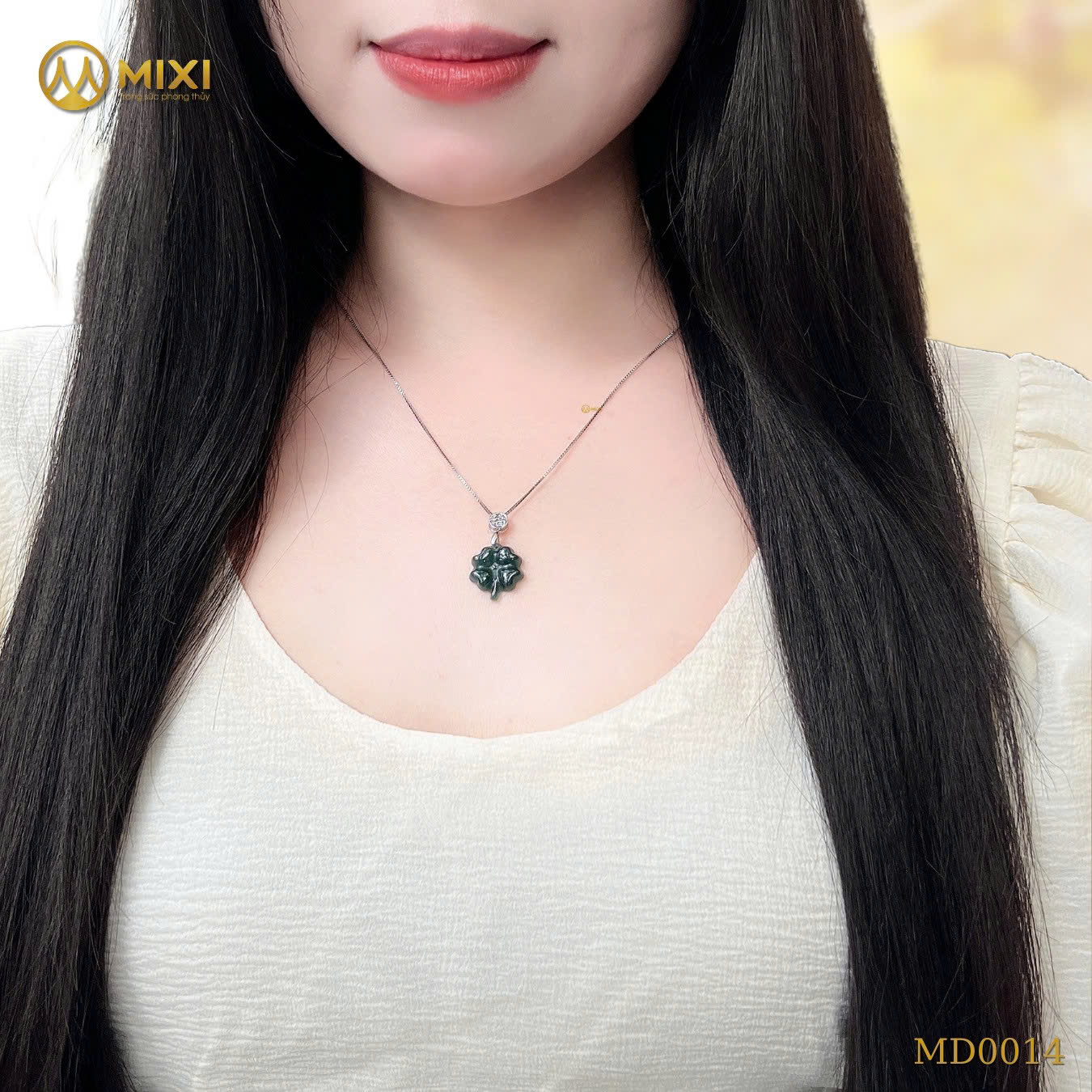 MẶT DÂY CỎ 4 LÁ LAM NGỌC – CHÂN MÓC BẠC 925 CHỮ PHÚC