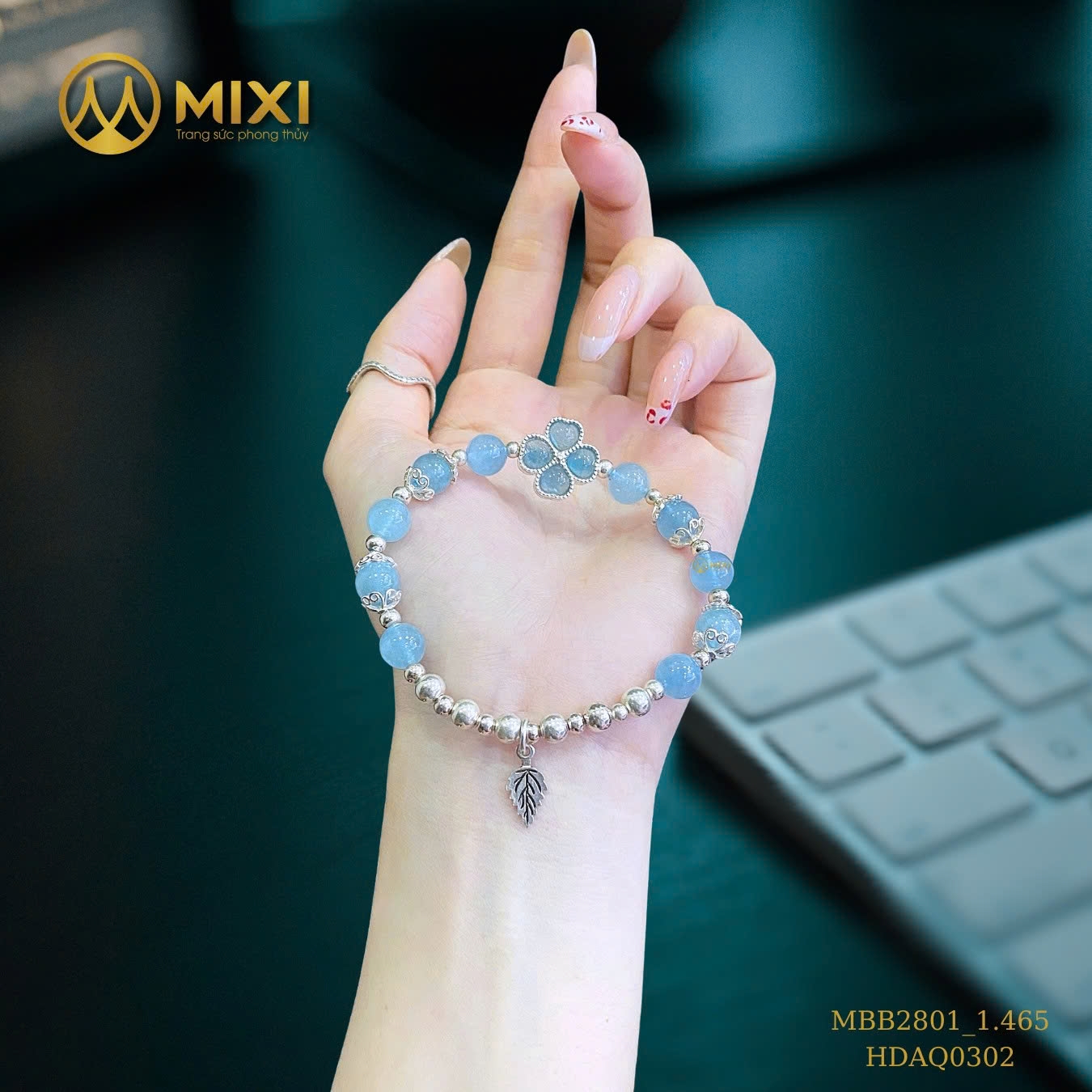 VÒNG TAY MIX CỎ 4 LÁ AQUAMARINE BỌC BẠC – LAN TỎA MAY MẮN, GIỮ GÌN BÌNH AN