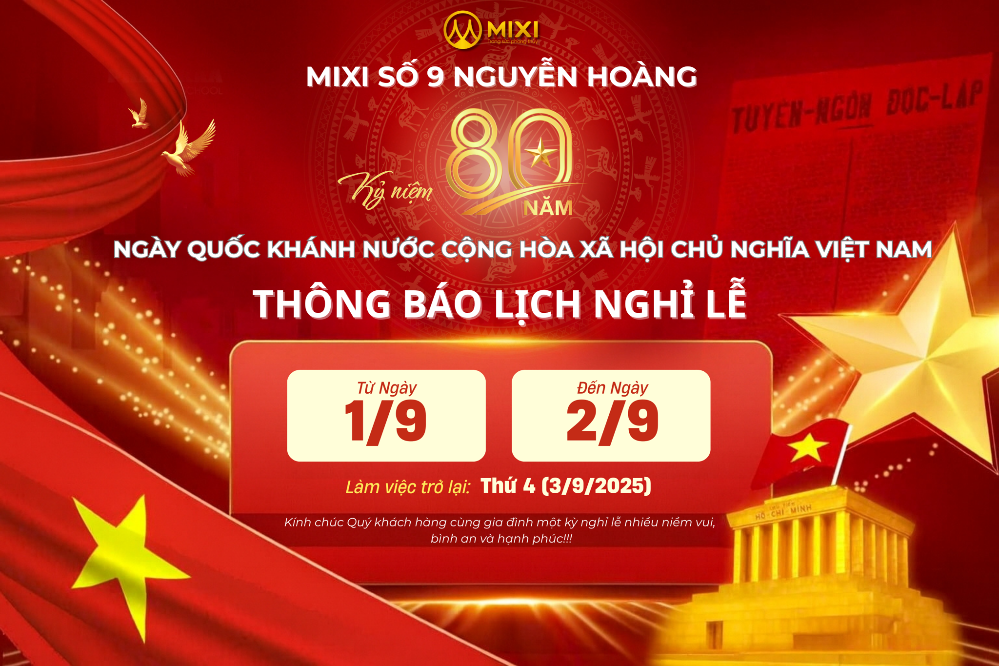 MIXI SỐ 9 NGUYỄN HOÀNG THÔNG BÁO LỊCH NGHỈ LỄ QUỐC KHÁNH 2/9