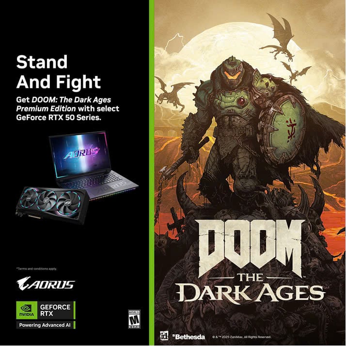 Ưu đãi: Khách hàng khi mua các sản phẩm Card đồ họa RTX 5070 Series trở lên sẽ nhận được code game DOOM: The Dark Ages Premium Edition (trị giá 2.000.000 VNĐ).
