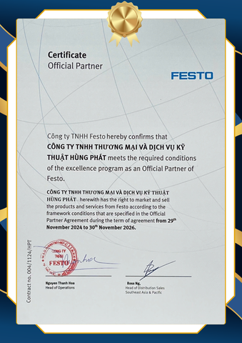 Chứng nhận Official Partner Festo - Dấu ấn uy tín của Hùng Phát trên thị trường