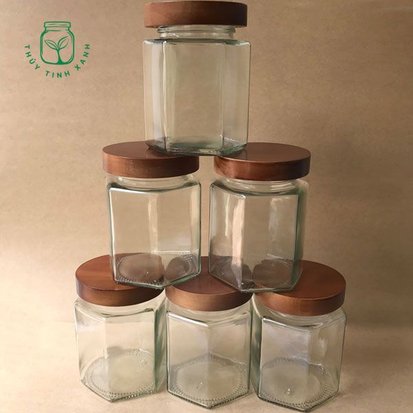 Hũ thủy tinh lục giác nắp gỗ 500ml