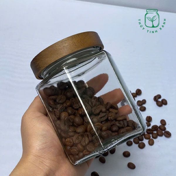 Hũ thủy tinh lục giác nắp gỗ 500ml