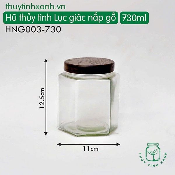 Hũ thủy tinh lục giác nắp gỗ 730ml