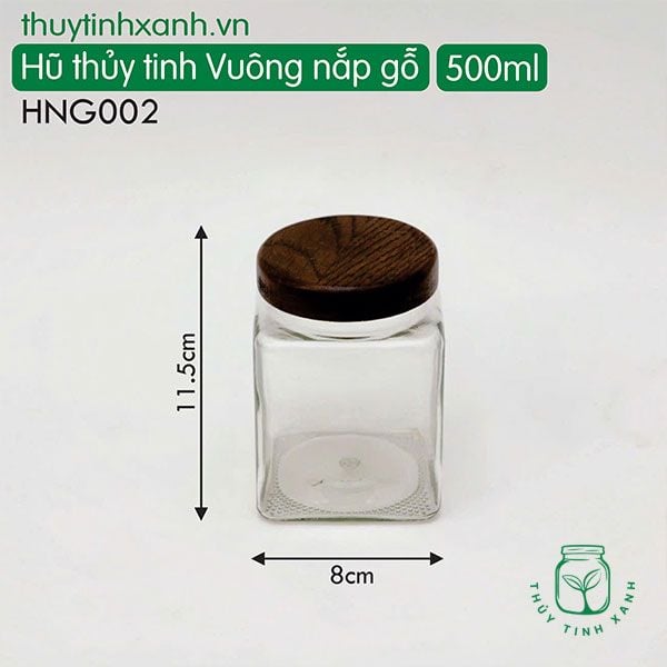 Hũ thủy tinh vuông nắp gỗ 500ml