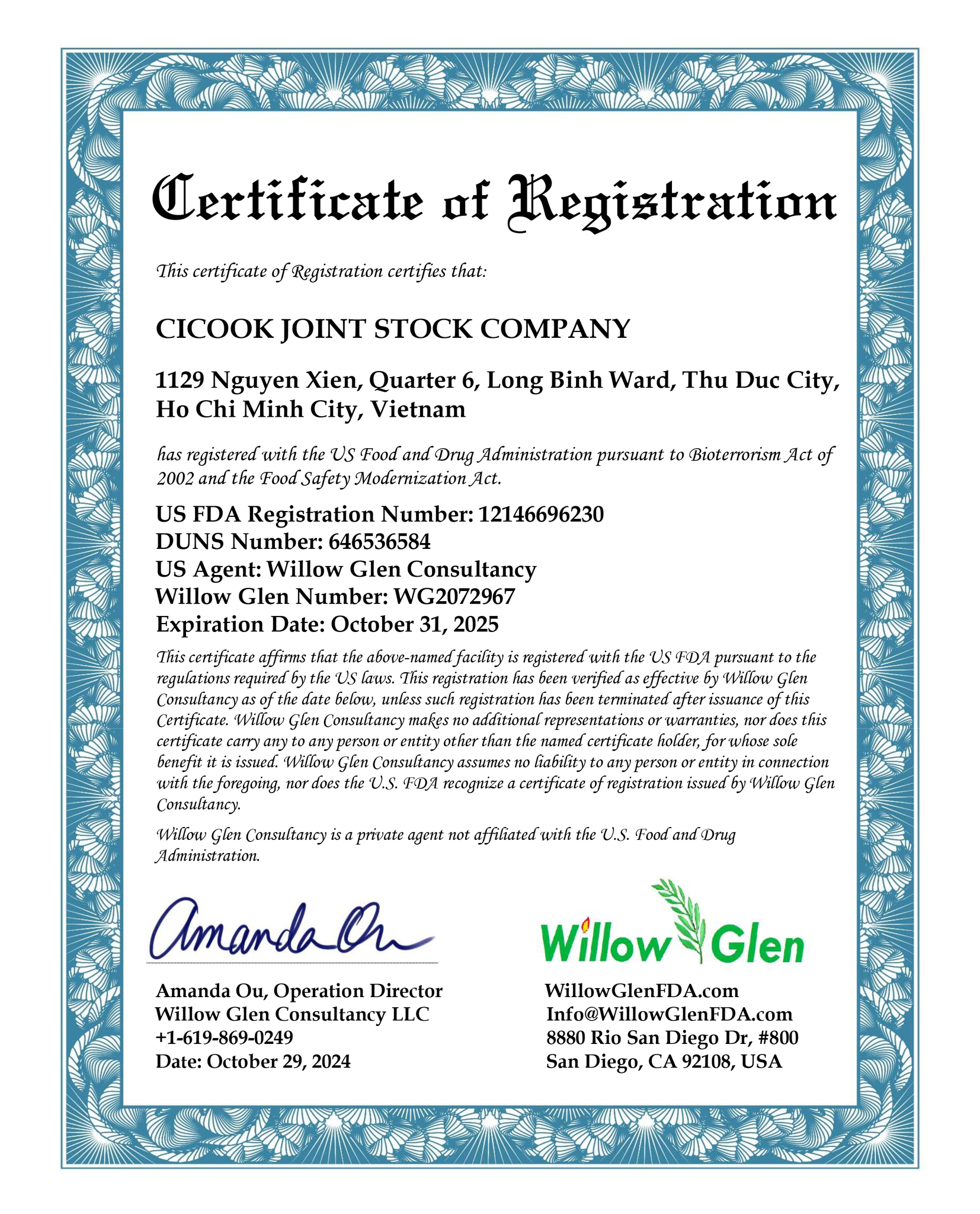 Chứng nhận FDA của Cicook