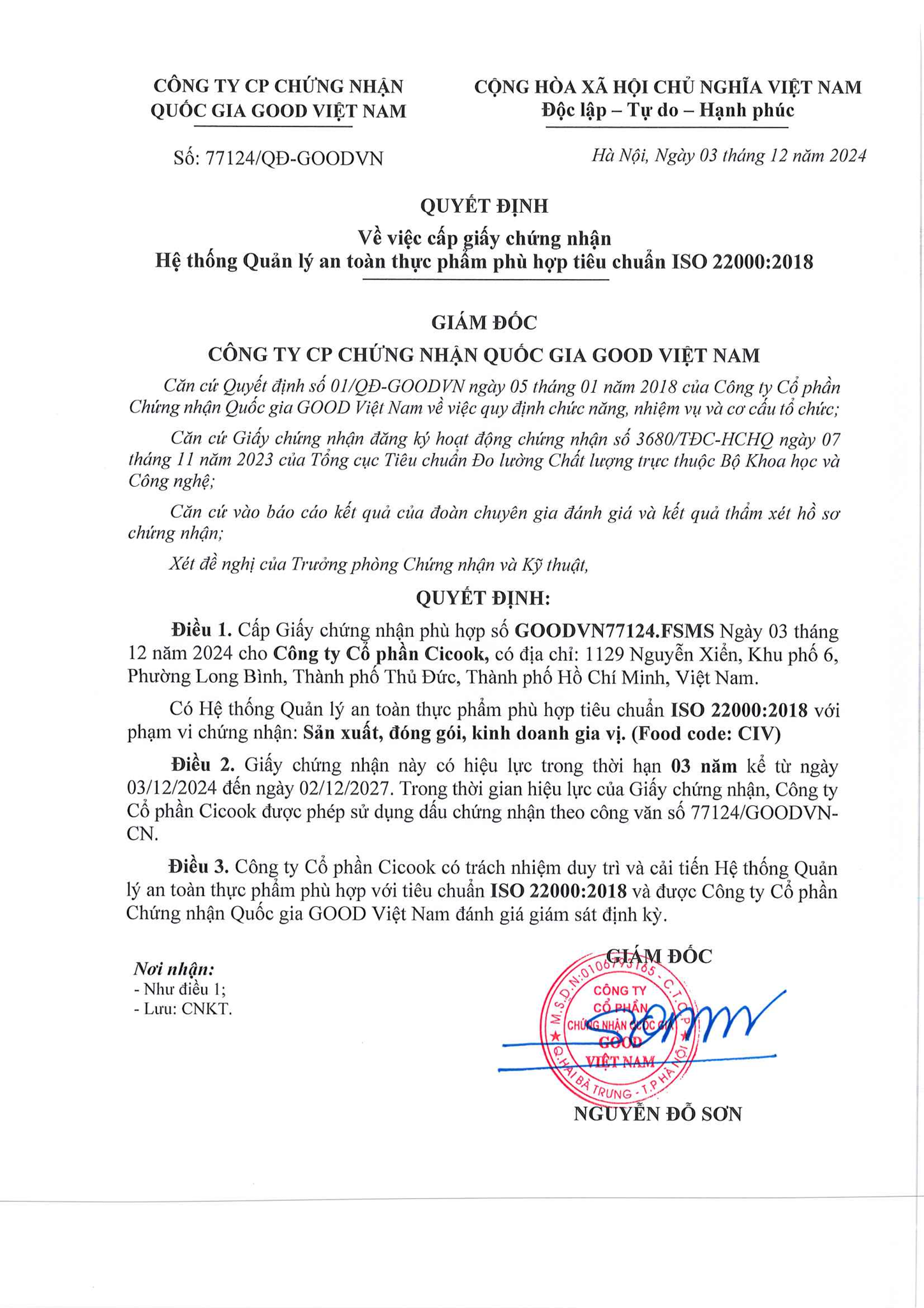 Ảnh chứng nhận ISO Cicook