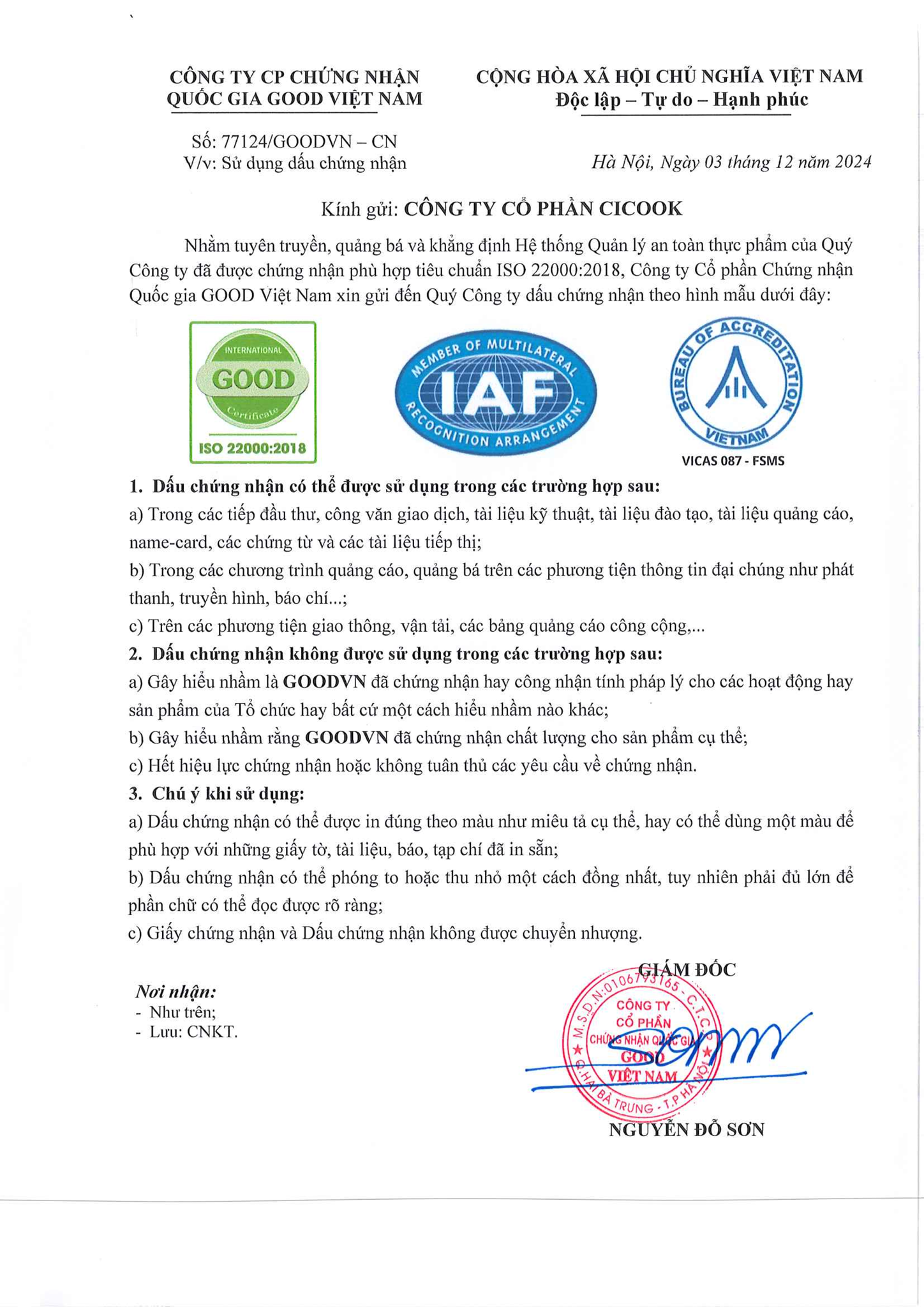 Ảnh chứng nhận ISO Cicook