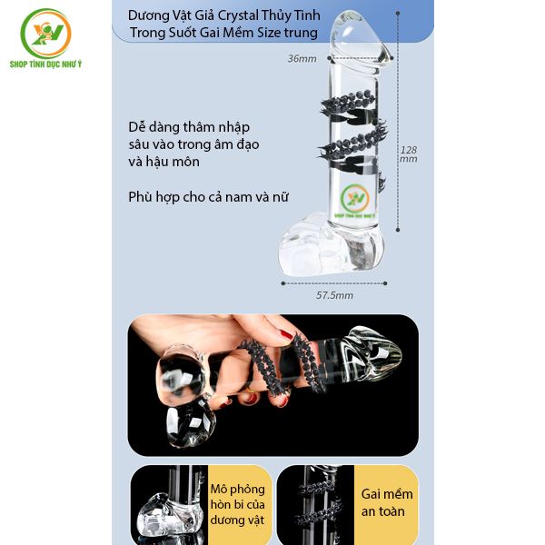 Dương Vật Giả Crystal Thủy Tinh Trong Suốt Gai Mềm Size trung