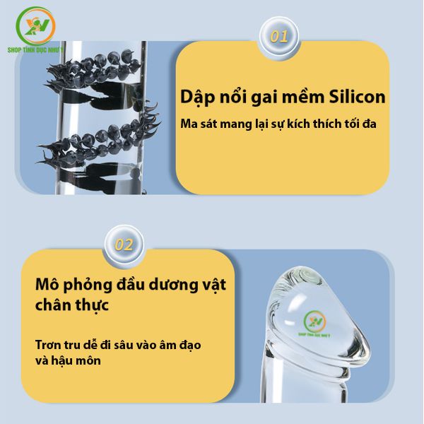 Dương Vật Giả Crystal Thủy Tinh Trong Suốt Gai Mềm Size trung