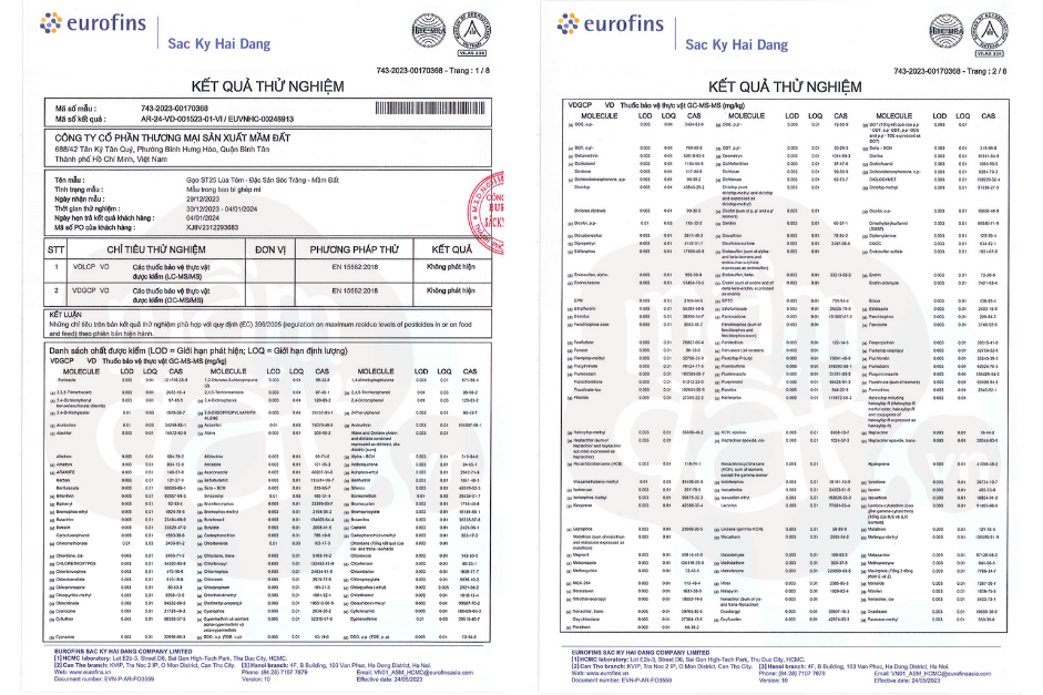 Chứng Nhận Kiểm Nghiệm 1000 Hoá Chất Dư Lượng Đạt Chuẩn Châu Âu Gạo Lúa Tôm Mầm Đất