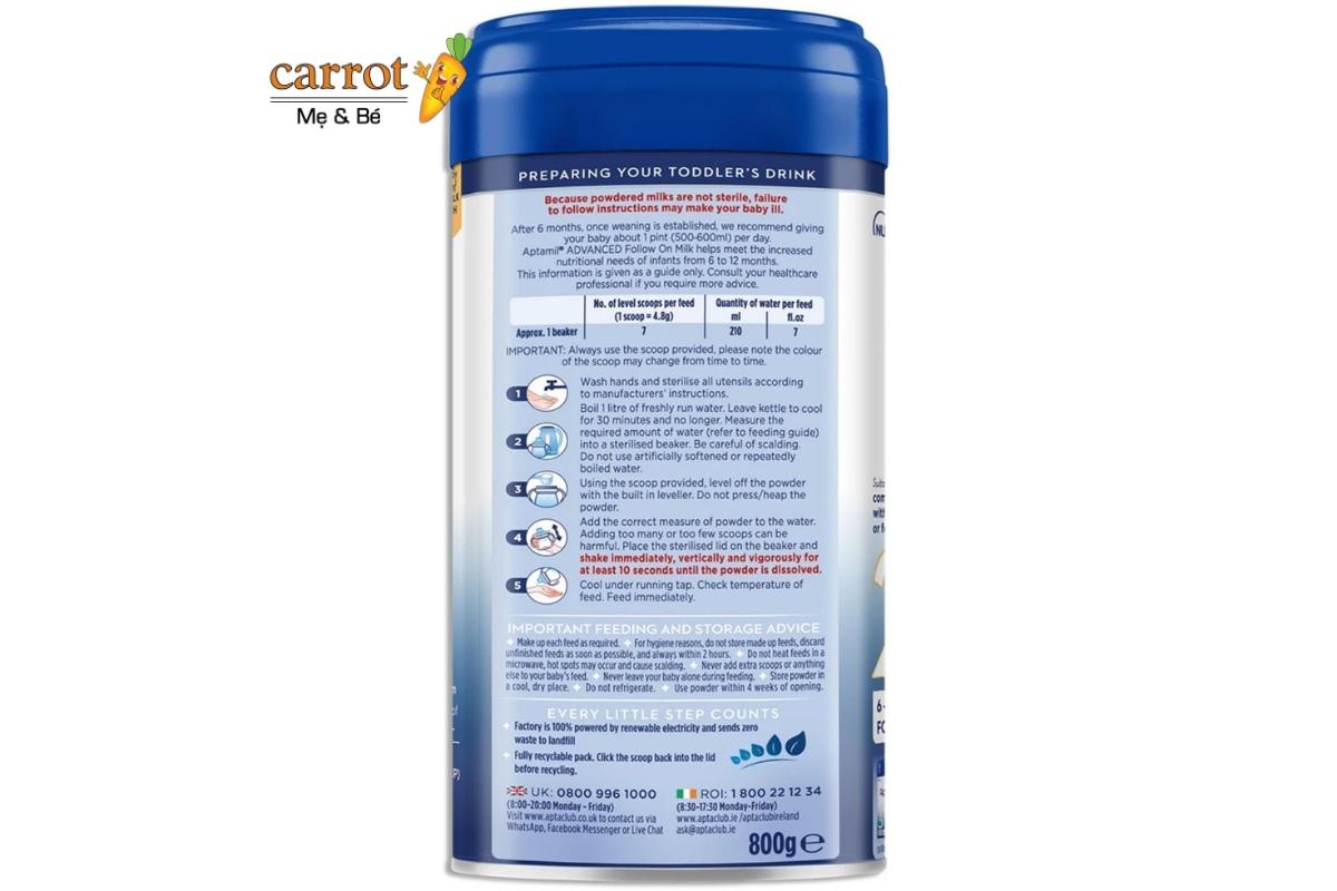 Hướng dẫn pha sữa Aptamil Anh Số 2 - Siêu Thị Mẹ Và Bé Carrot