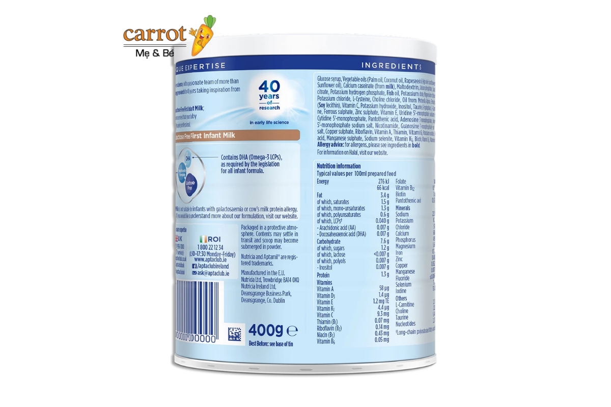 Thành Phần Sữa Aptamil Lactose Free Anh cho trẻ 0-12 tháng 400g - Siêu Thị Mẹ Và Bé Carrot Đà Nẵng