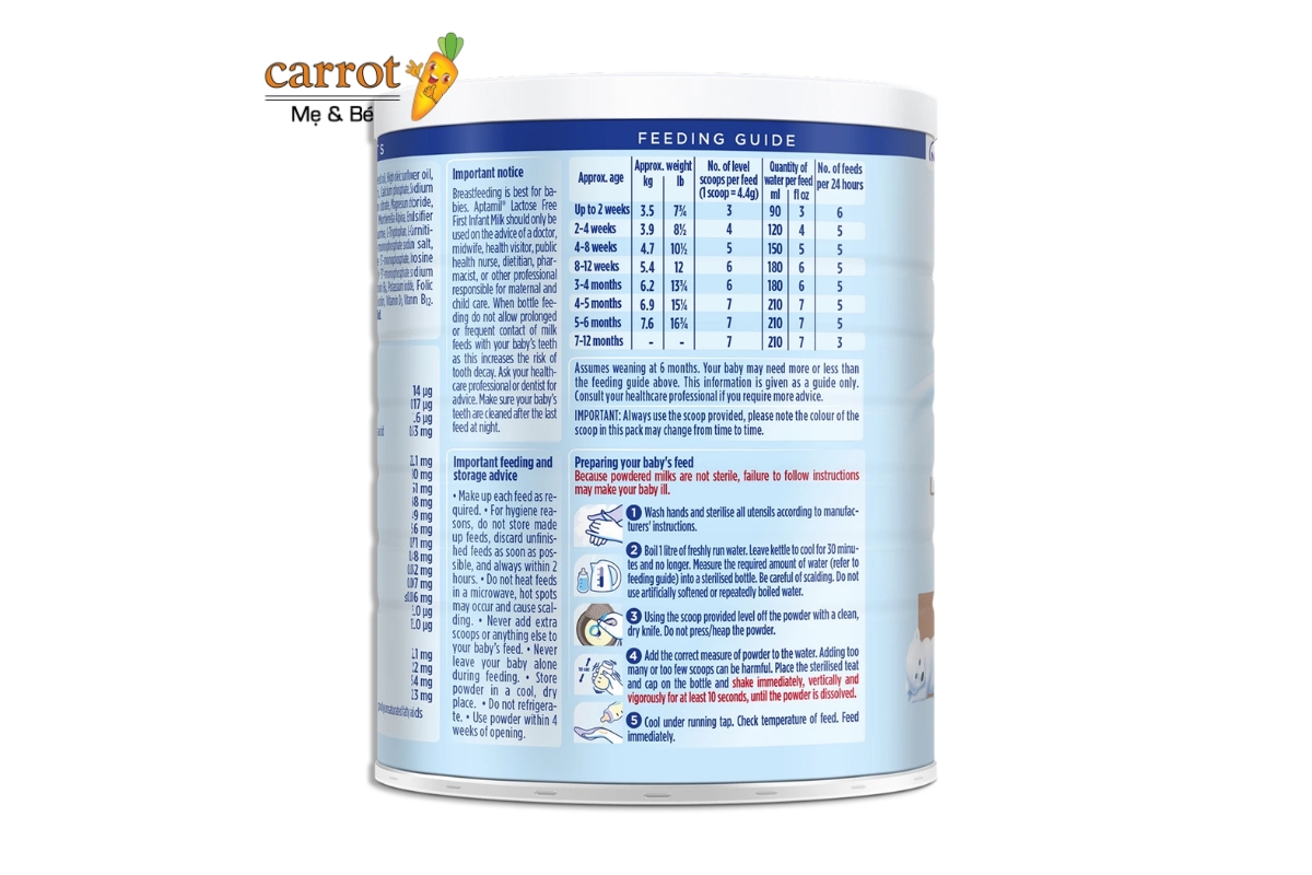 Cách Pha Sữa Aptamil Lactose Free Anh cho trẻ 0-12 tháng 400g - Siêu Thị Mẹ Và Bé Carrot Đà Nẵng
